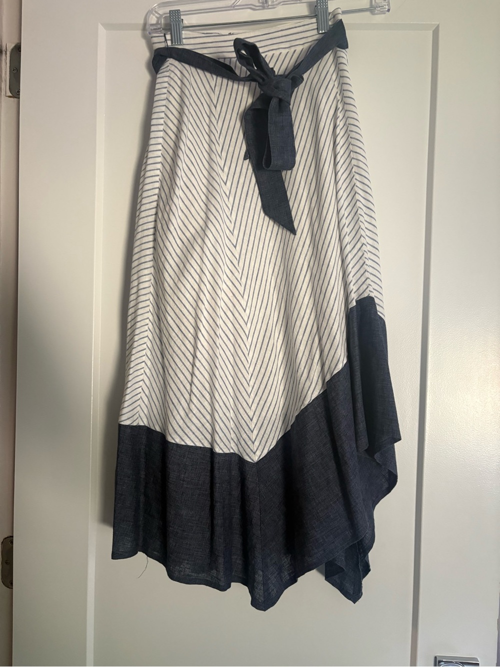 Striped White and Navy Tie-Waist Midi Skirt
